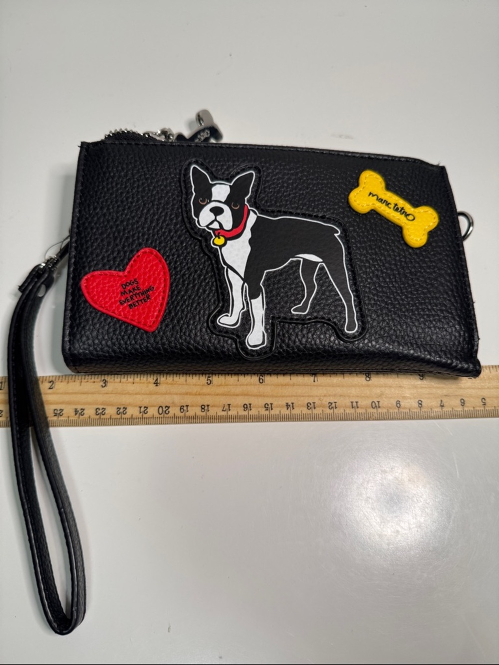 Marc Tetro crossbody wristlet wallet Boston Terrier illustration heart patch.